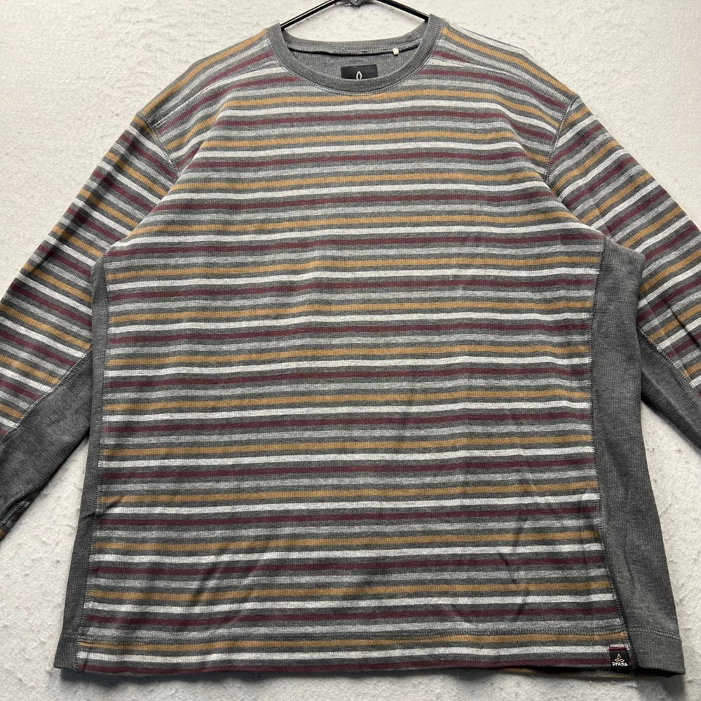 Prana Mens XL Long Sleeve Striped Shirt Organic Cotton Thumbholes Grey 1498